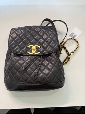 Vintage CHANEL Black Quilted Lambskin Backpack with Gold CC Hardware+ COA